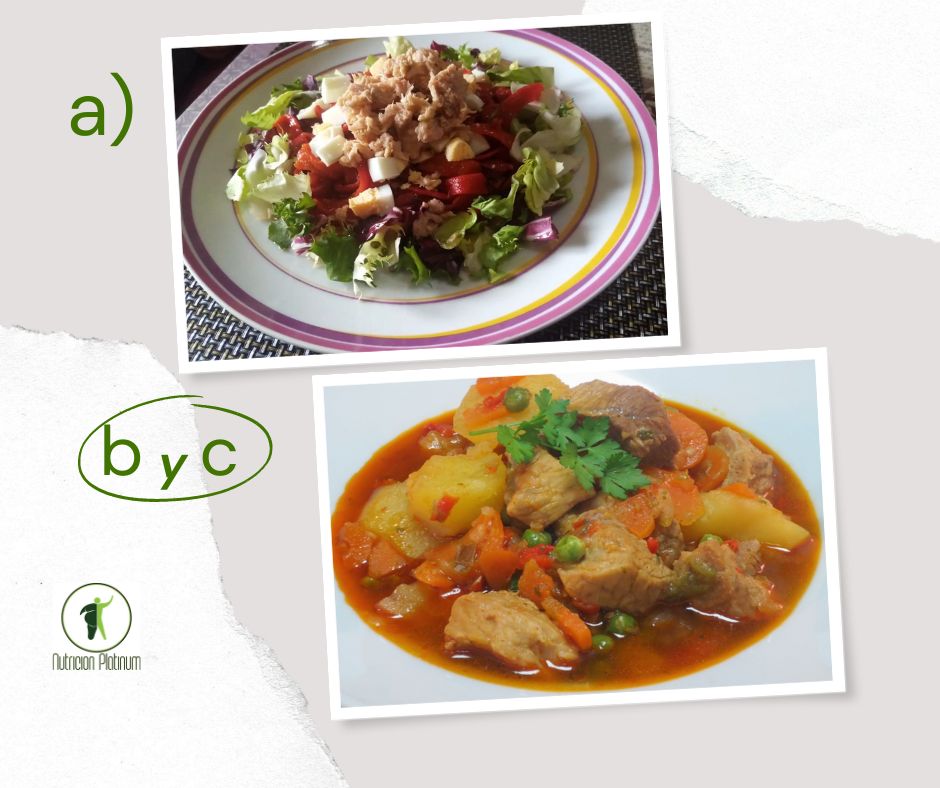 Ensalada de pimientos asados atún y huevo con guisado de magra de cerdo